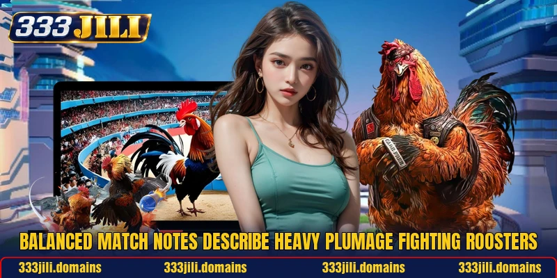 Balanced match notes describe heavy plumage fighting roosters