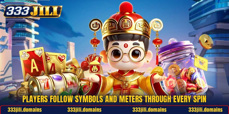 Players follow symbols and meters through every spin